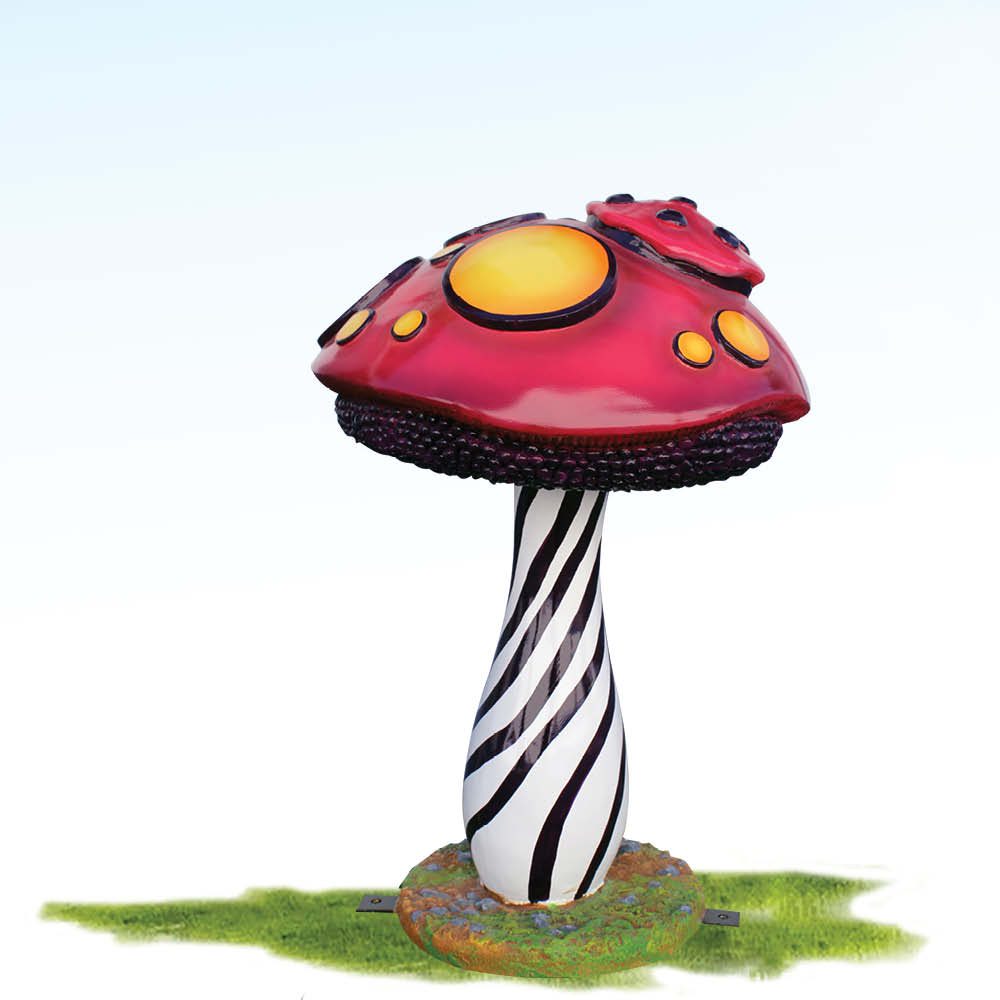 Mushroom with striped base and red top with yellow dots - unusual fantasy themed prop