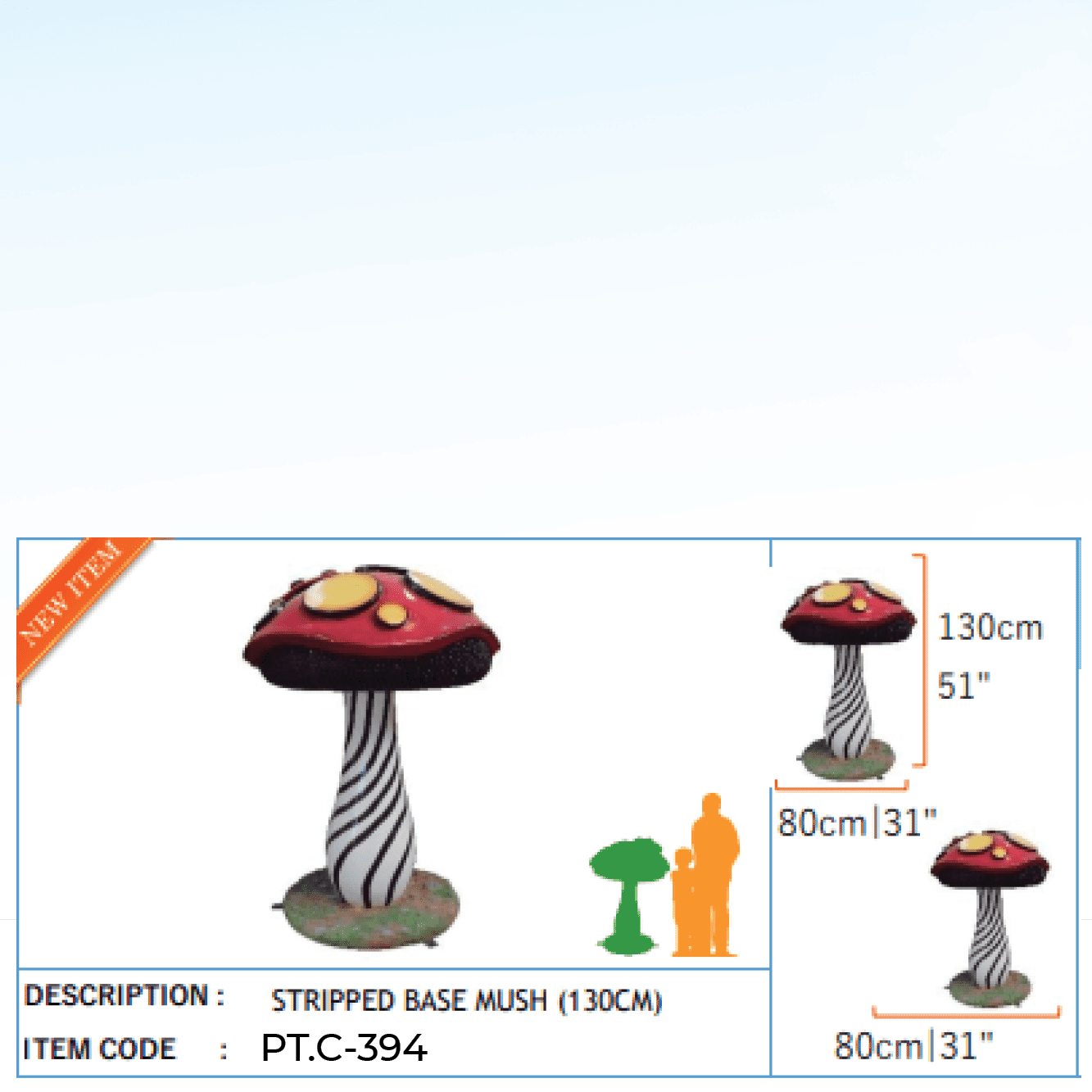 Natureworks Australia Mushroom with striped base and red top with yellow dots - unusual fantasy themed prop -showing measurements