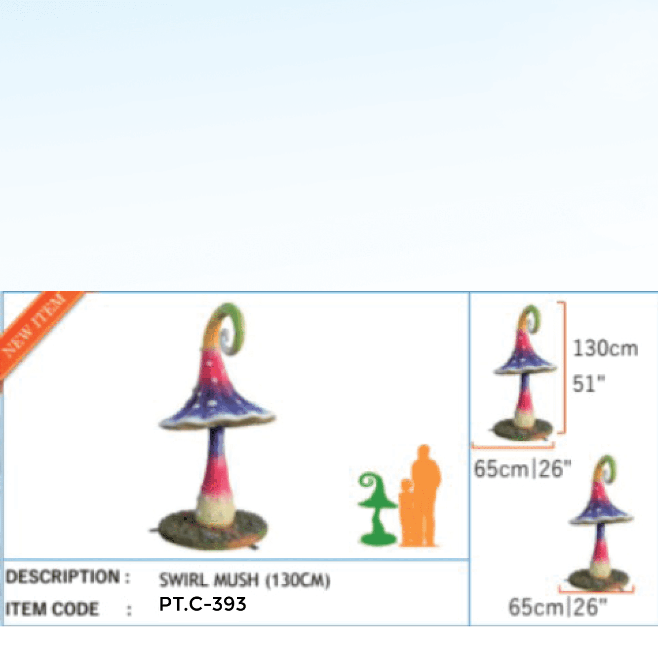 Natureworks Australia Mushroom with swirl on top of cap - mulitcoloured pastel colours when enhance this magical themed prop - 130cm high size chart