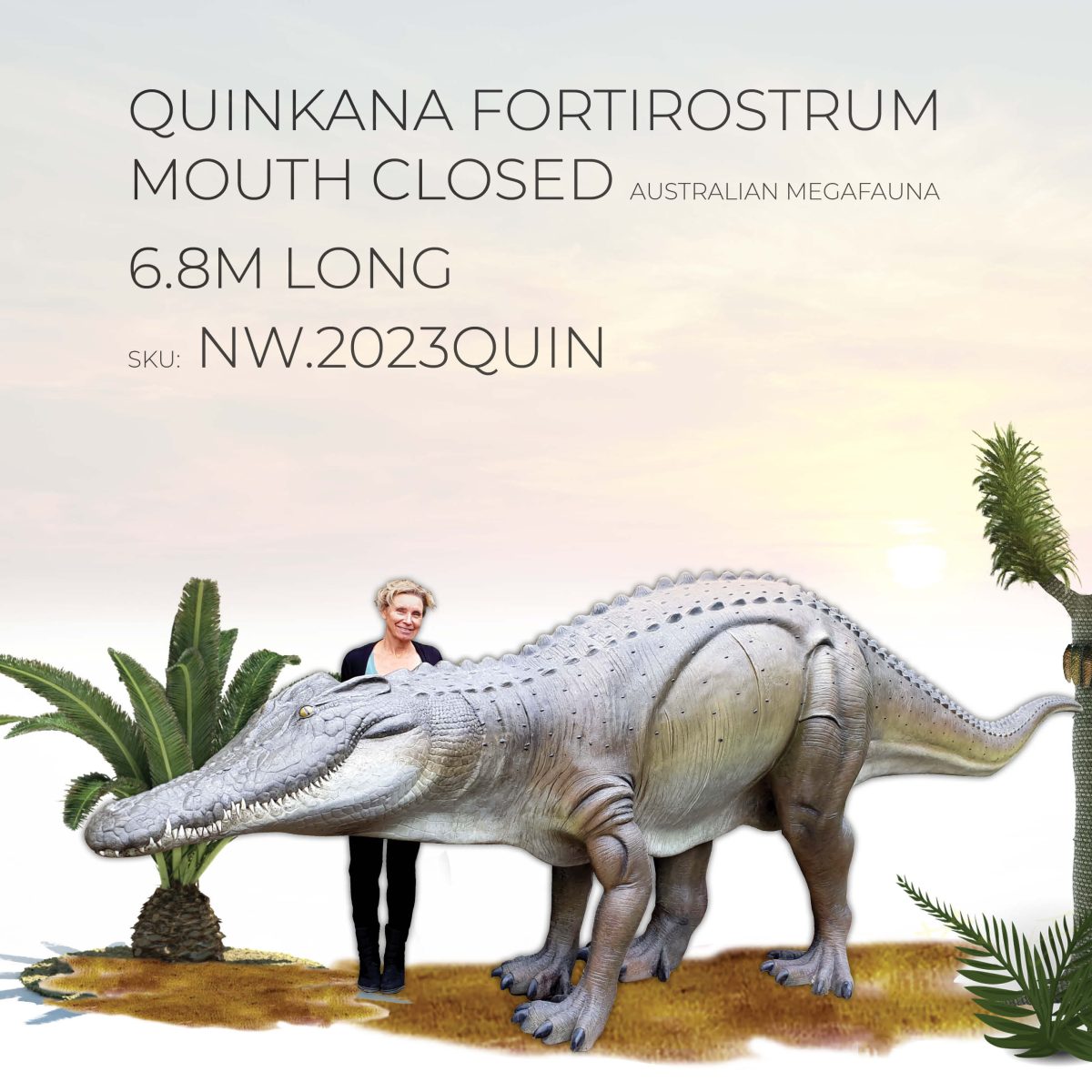 Natureworks Australia Quinkana - Megafauna free standing 6.8m - longwith sizeL-NW2023QUIN - side angle view shown with lady
