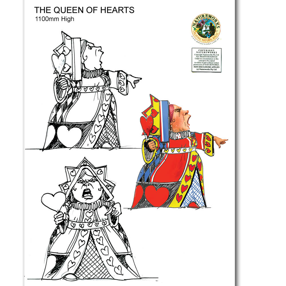 Natureworks Australia Queen of Hearts sculpture - Alice in wonderland Prop - Concept art development drawings