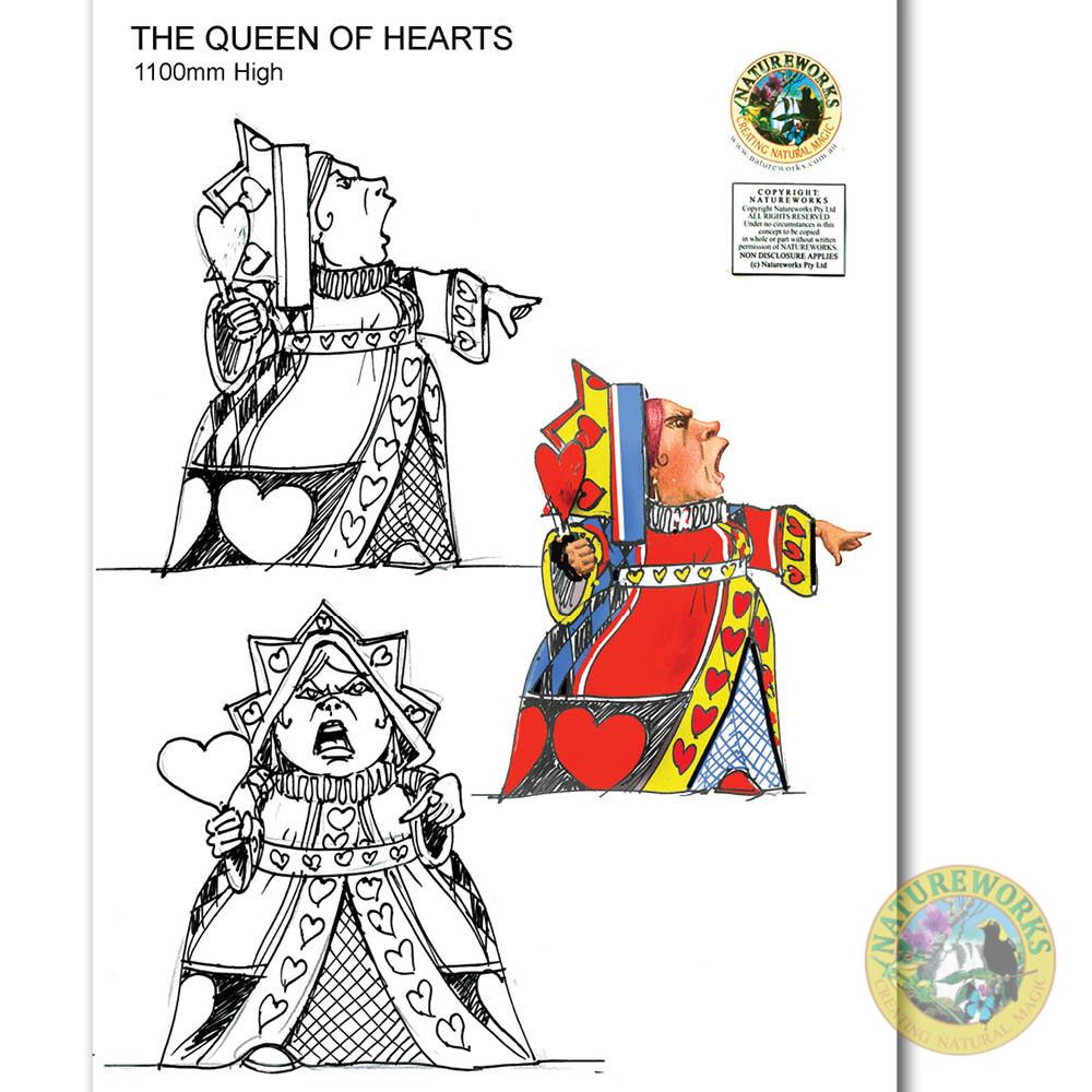 Natureworks Australia Queen of Hearts sculpture - Alice in wonderland Prop - Concept art development drawings