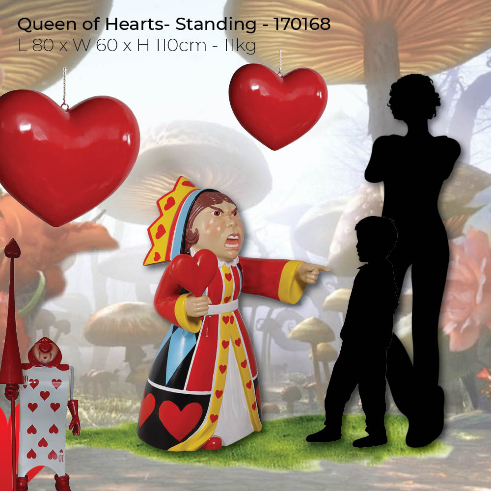 Natureworks Australia Queen of Hearts sculpture - Alice in wonderland Prop - shown with silhouette and size