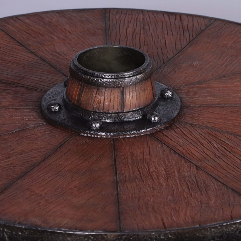 Barrel Table - Pirate Furniture - 230074 - Faux timber - 81cm High - matching Barrel Chairs also available - showing detail of top of table and centre hole for possilbe umbrella hole