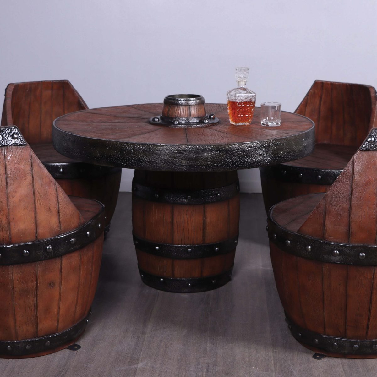 Natureworks Australia Barrel Table - Pirate Furniture - 230074 - Faux timber - 81cm High - matching Barrel Chairs also available- shown in complete set