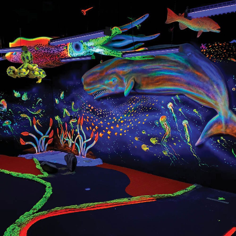 Natureworks Australia This leaping sperm whale sculpture 3d Relief or full 3D version available - shown in glow in the dark mini-golf course