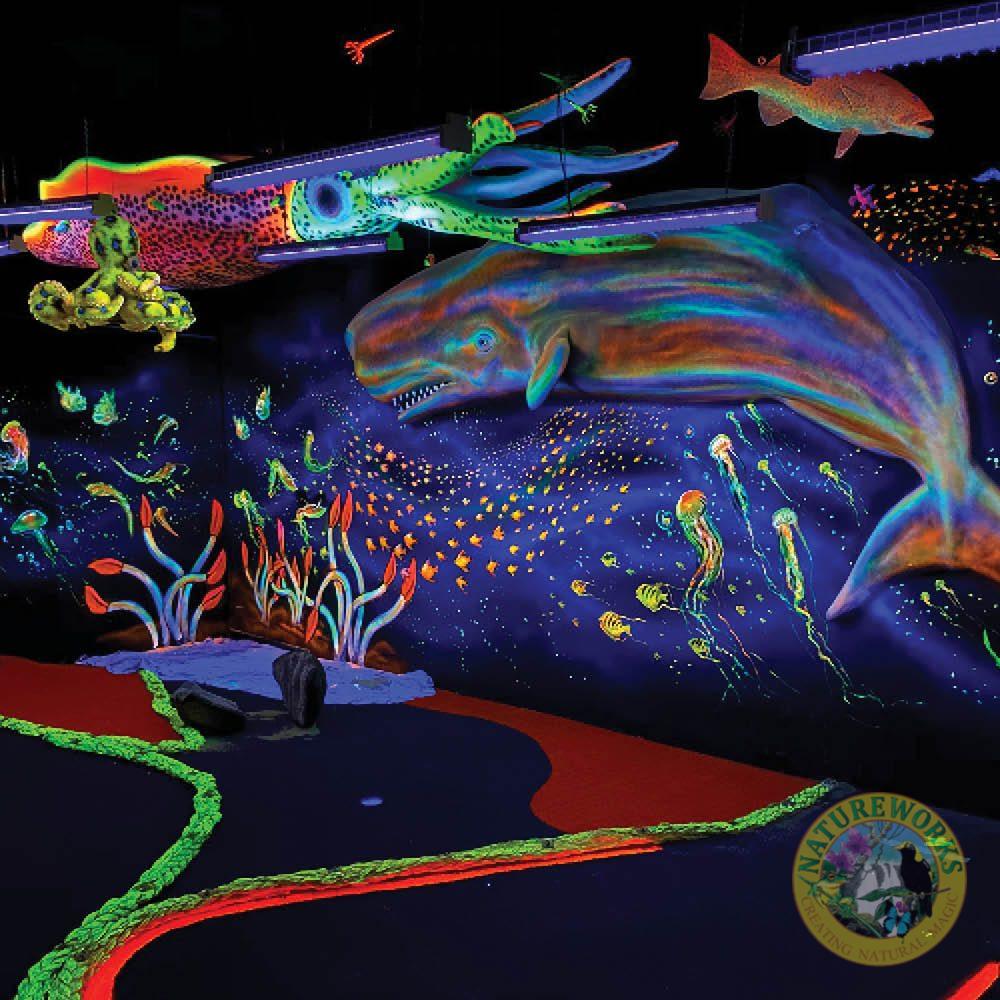 Natureworks Australia This leaping sperm whale sculpture 3d Relief or full 3D version available - shown in glow in the dark mini-golf course