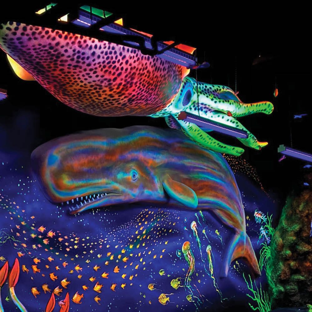 Natureworks Australia This leaping sperm whale sculpture 3d Relief or full 3D version available - shown in glow in the dark mini-golf course