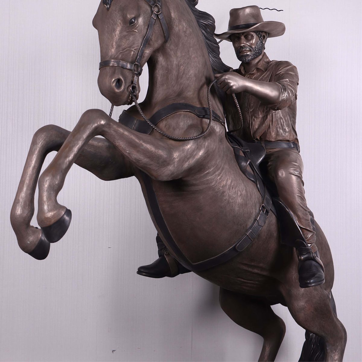 Natureworks Australia Stockman on Stallion - Bronze fibreglass finish-220042B- front angle view