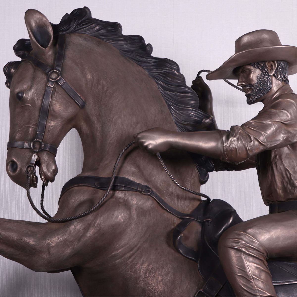 Natureworks Australia Stockman on Stallion - Bronze fibreglass finish-220042B- Side view - close up of head