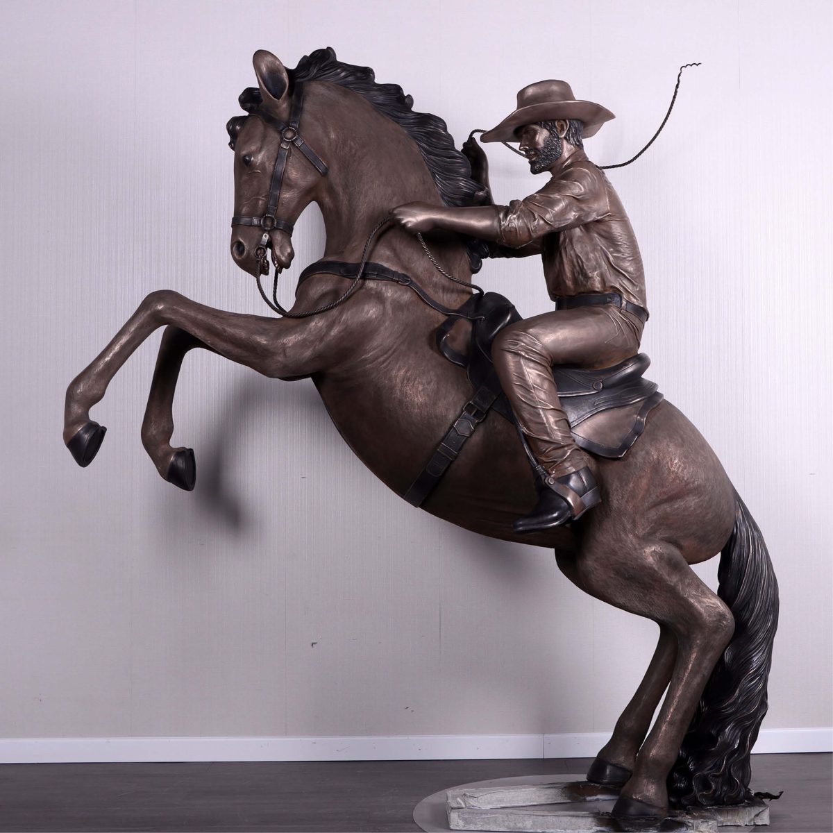 Natureworks Australia Stockman on Stallion - Bronze fibreglass finish-220042B- Side view of entire sculpture