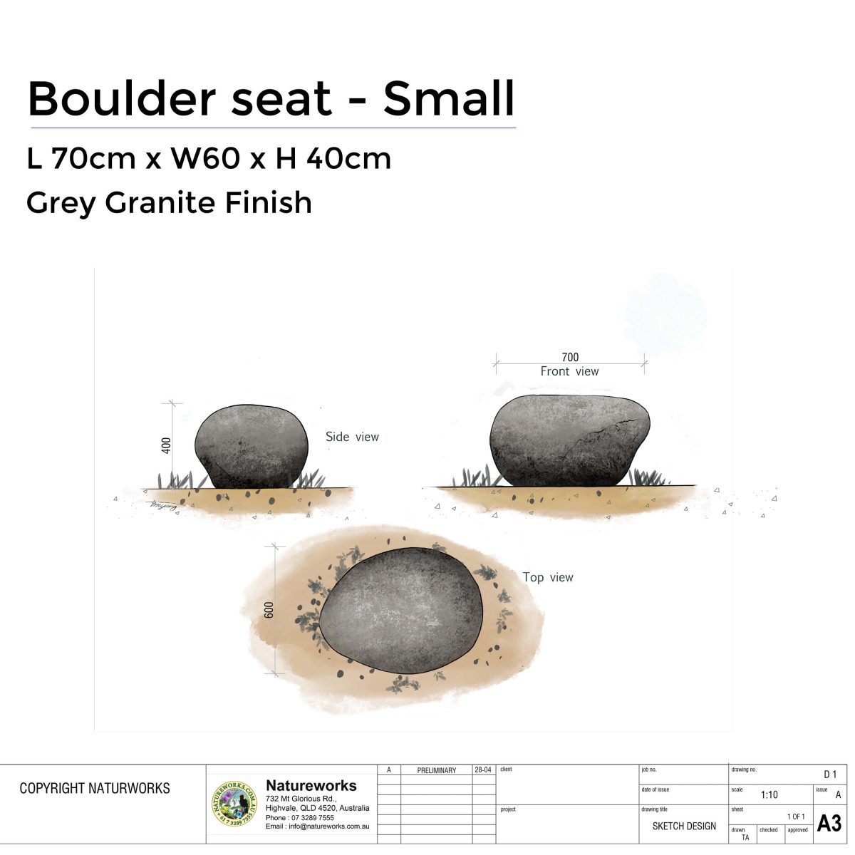 Natureworks Australia Boulder Seat - Small Grey Granise finish - NW.20222BS-Small - Shown with sizes - L70cm x W60cm x H 40cm - 40kg
