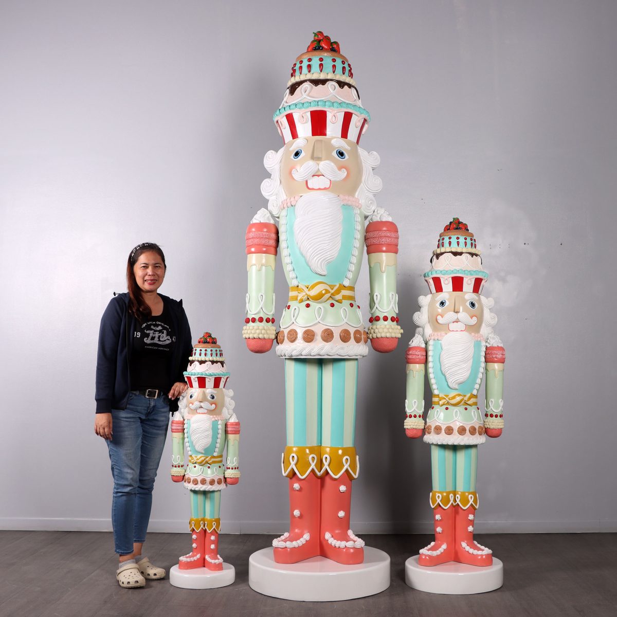 Natureworks Australia Nutcracker Candy Cake - 9ft - 230083- -showing set of 3 candy cake nutcracker versions - with lady