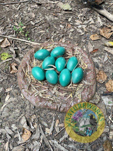 Emu nest with 9 blue emu eggs - make of fibreglass - hand painted