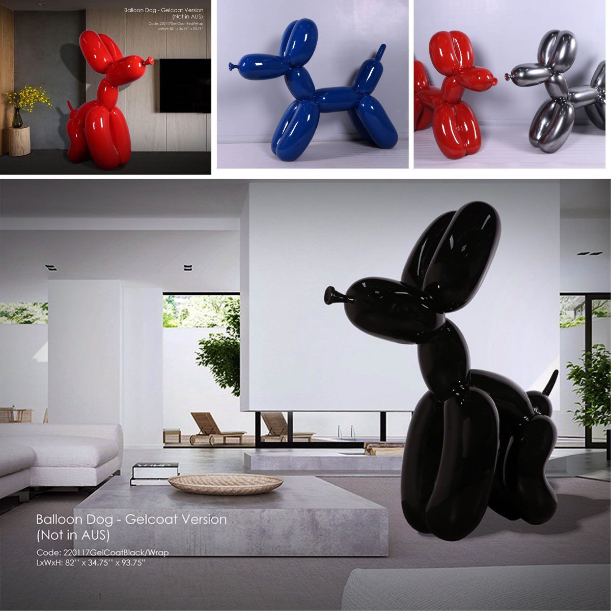 Natureworks Australia Natureworks Balloon dog 7ft high - Glossy Black finish- showing other colours available
