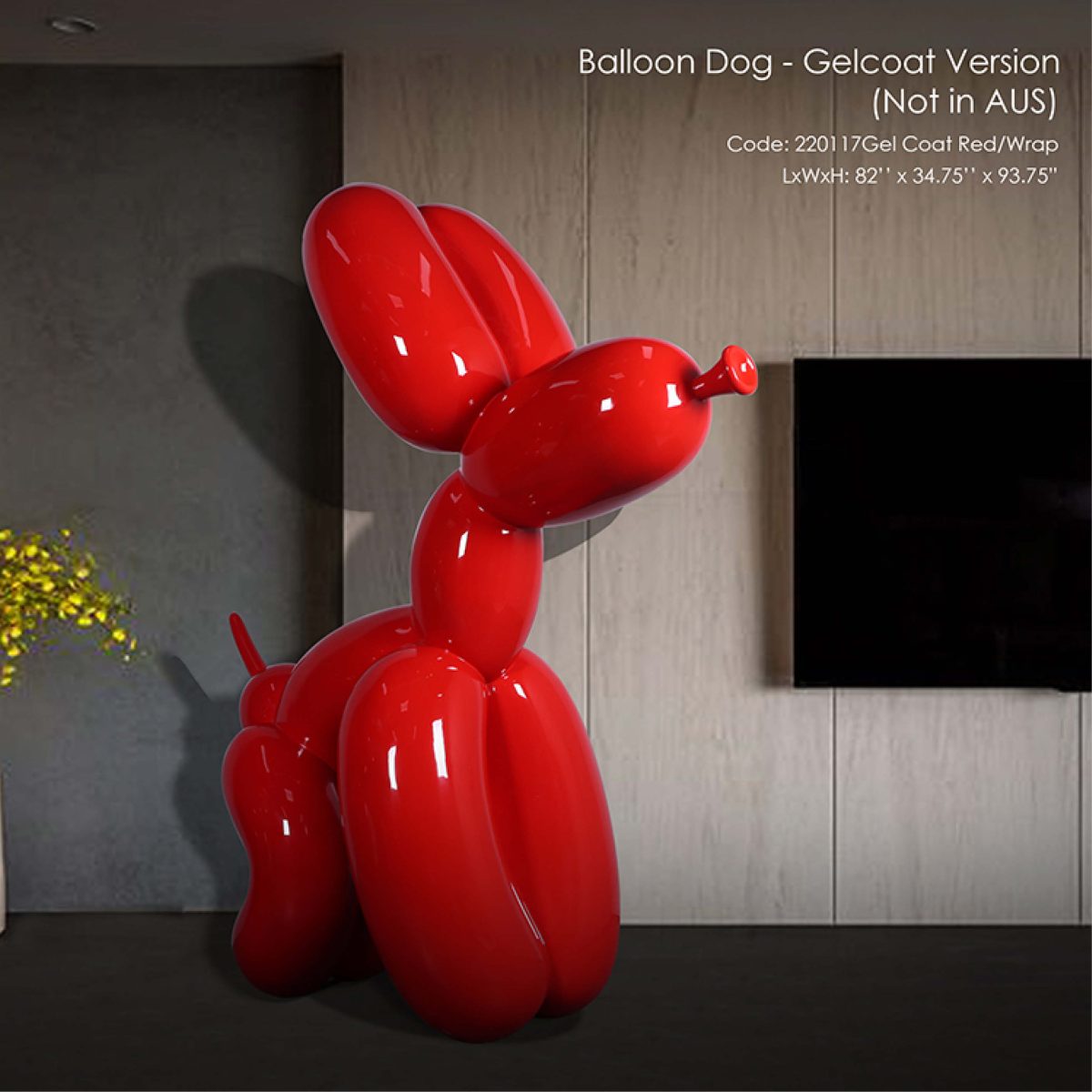 Natureworks Australia Balloon Dog sculpture - 7ft - Glossy Red shown in foyer. - front angle view