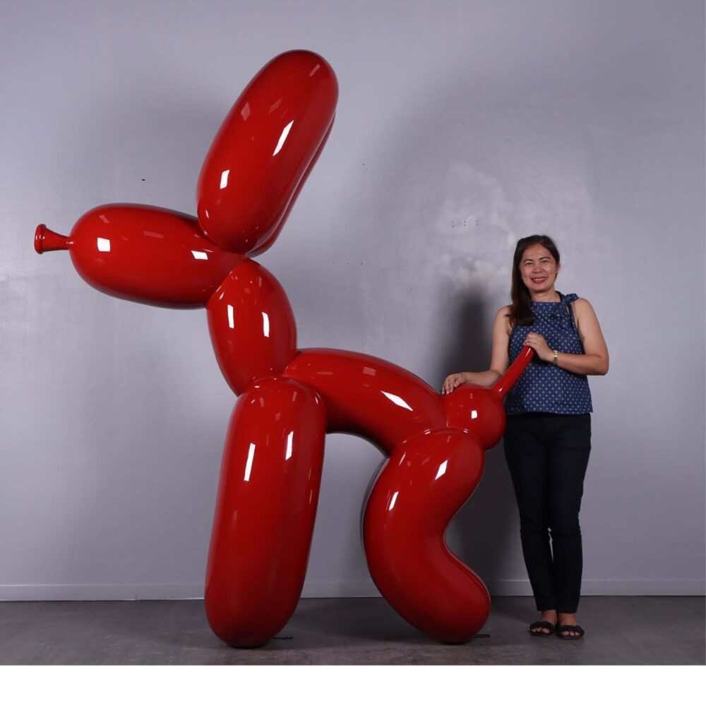 Natureworks Balloon dog 7ft high - Glossy Red finish - with lady