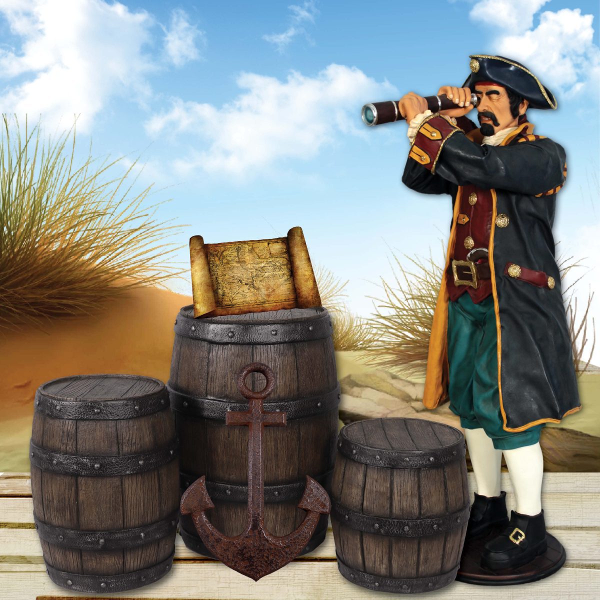 Natureworks Australia Large barrel - ideal pirate themed prop. shown with a pirate caption looking through binoculars