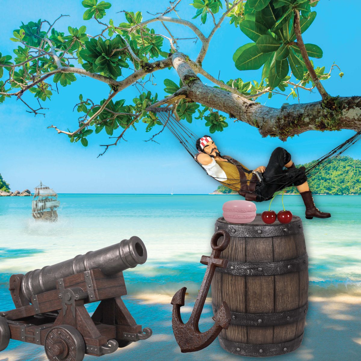 Natureworks Australia Pirate barrel - medium 62cm - 230068- shown with pirate hanging from hammock