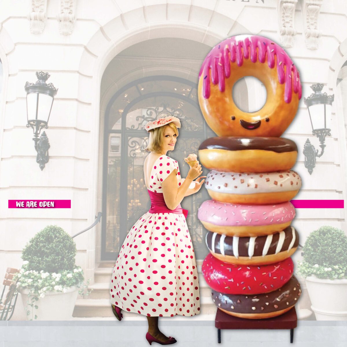 Natureworks Australia Donut stack 7ft - Y.3603 - shown with lady with pink pokka dot dress
