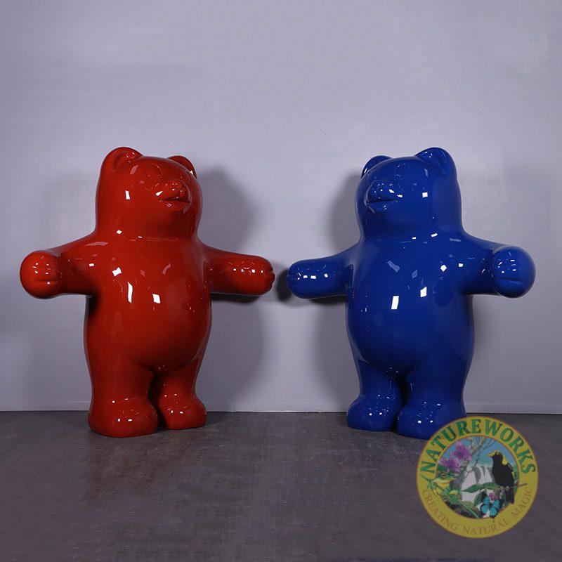 Natureworks Australia Gummy cute Red Bear Treat - 7ft high - glossy red colour - free standing prop- shown with shiny blue bear