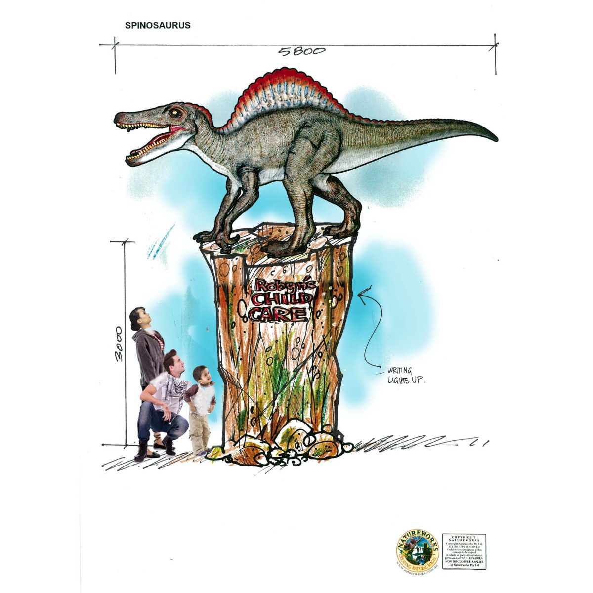 Natureworks Australia Spinosaurus Dinosaur on Rock Plinth - concept Art for childcare centres