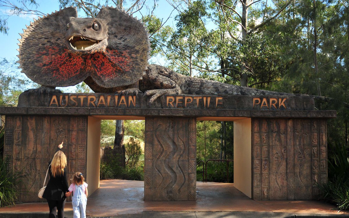 Natureworks Australia Australian Reptile Park entrance with giant filled lizard sculpture