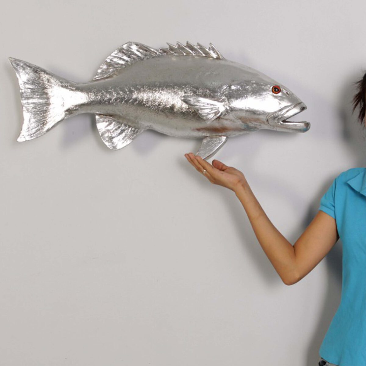 Natureworks Australia Coral trout - /silver leaf finish - 120051SL - life-size fibreglass replica - hand painted and manufactured - wall decor - shown with lady