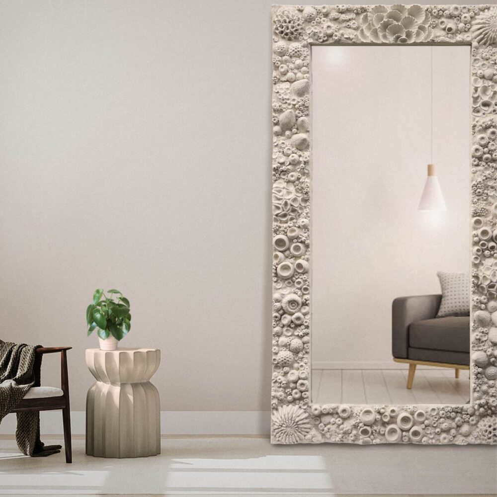 Reef Mirror - 210092 - Rectangular Version - large - 178cm - Shown resting again a wall in home decor setting