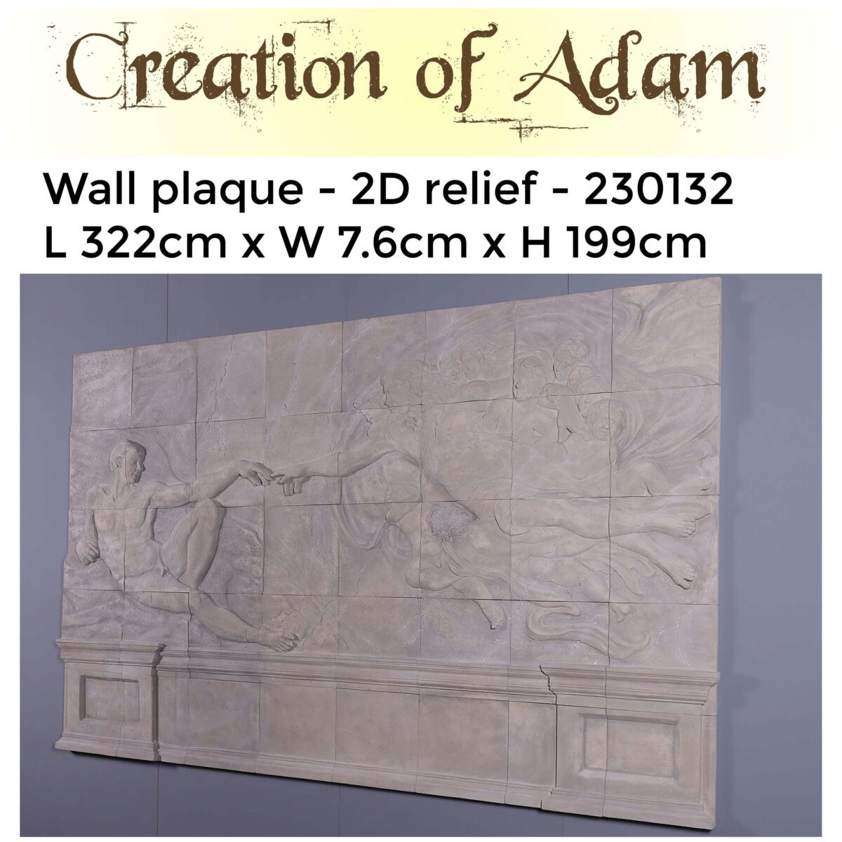 Natureworks Australia Creation of Adam - Wall plaque - 230132 - for sale - L 322cm x W 7.6cm x 199cm = 2D relief wall art for sale - showing angle view