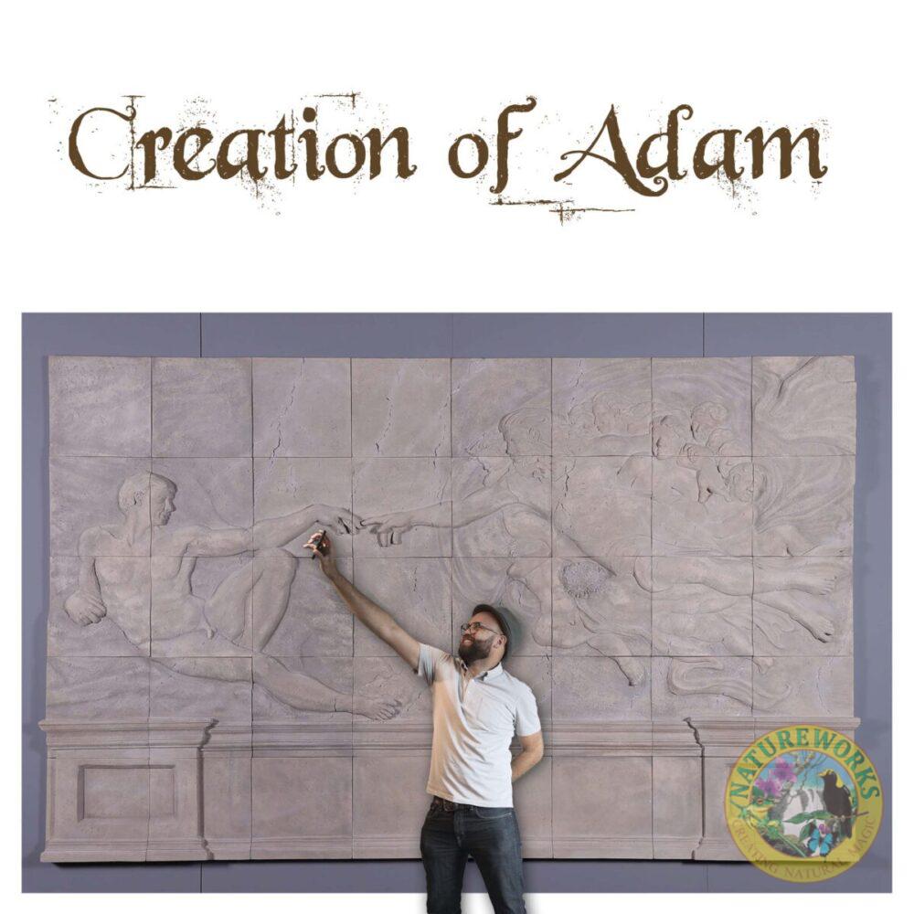 Creation of Adam - Wall plaque - 230132 - for sale - L 322cm x W 7.6cm x 199cm = 2D relief wall art - shown with man taking photo