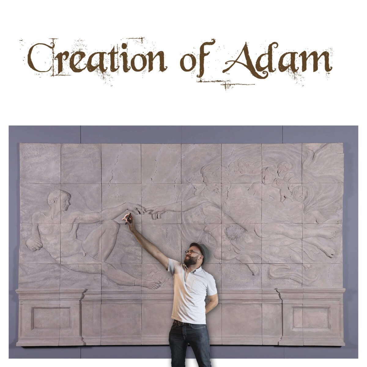 Natureworks Australia Creation of Adam - Wall plaque - 230132 - for sale - L 322cm x W 7.6cm x 199cm = 2D relief wall art - shown with man taking photo