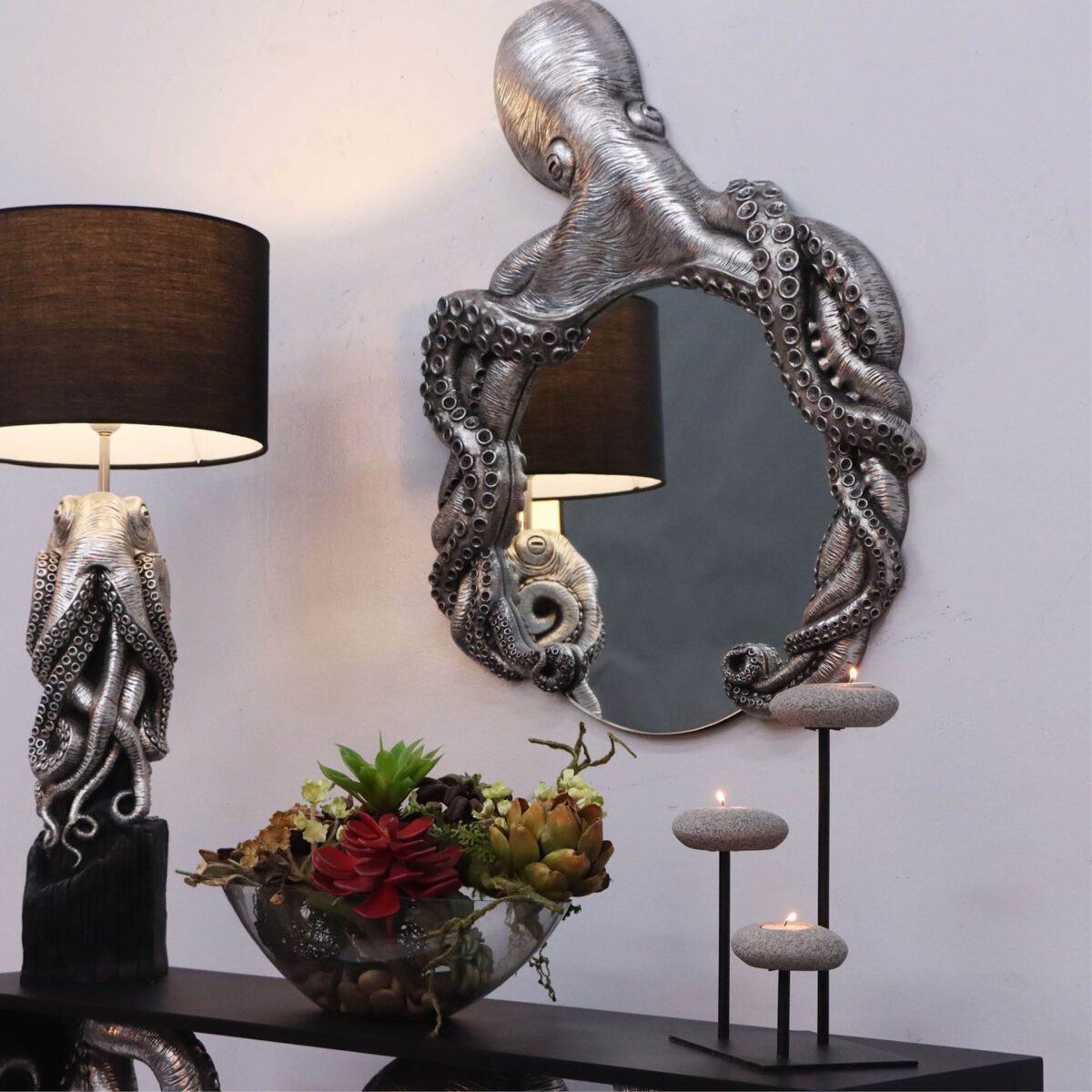 Natureworks Australia Octo Mirror SKU 210014SL - a beautiful original handcrafted octopus mirror - shown on wall in decor setting