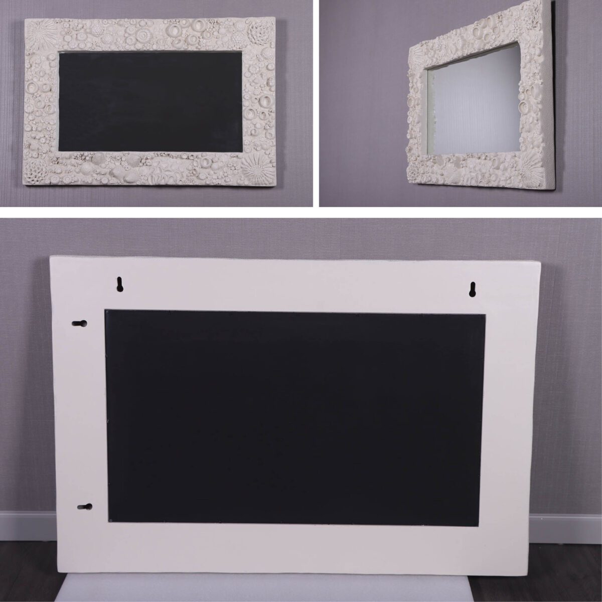 Natureworks Australia Reef Mirror - Shown in Bahtroom setting - SKU 210172 - Roman Stone finish - showing rear and angle view