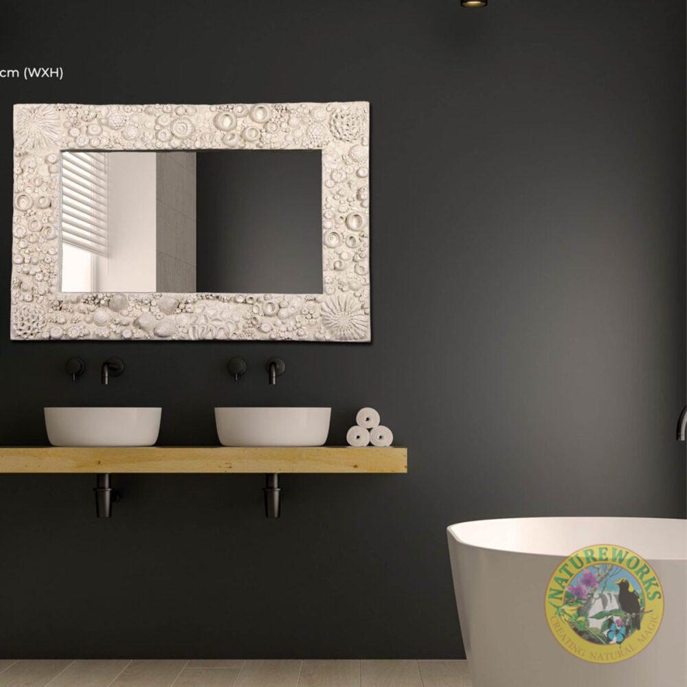 Reef Mirror - Shown in Bahtroom setting - SKU 210172 - Roman Stone finish - shown sideways