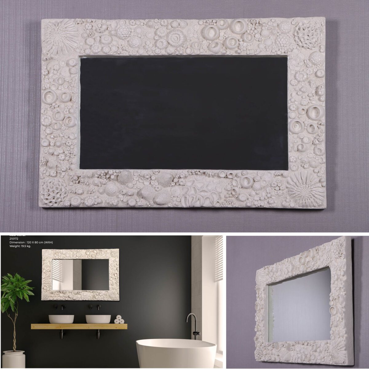 Natureworks Australia Reef Mirror - Shown in Bahtroom setting - SKU 210172 - Roman Stone finish - showing various views