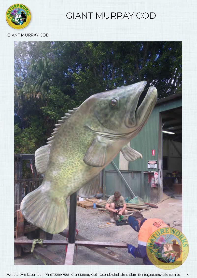 Natureworks Australia Murray Cod - Giant - Custom sculpture - by Natureworks for Lions Club - Goondawindi - Public Art display -showing close up side view of whole fish at Natureworks Studio