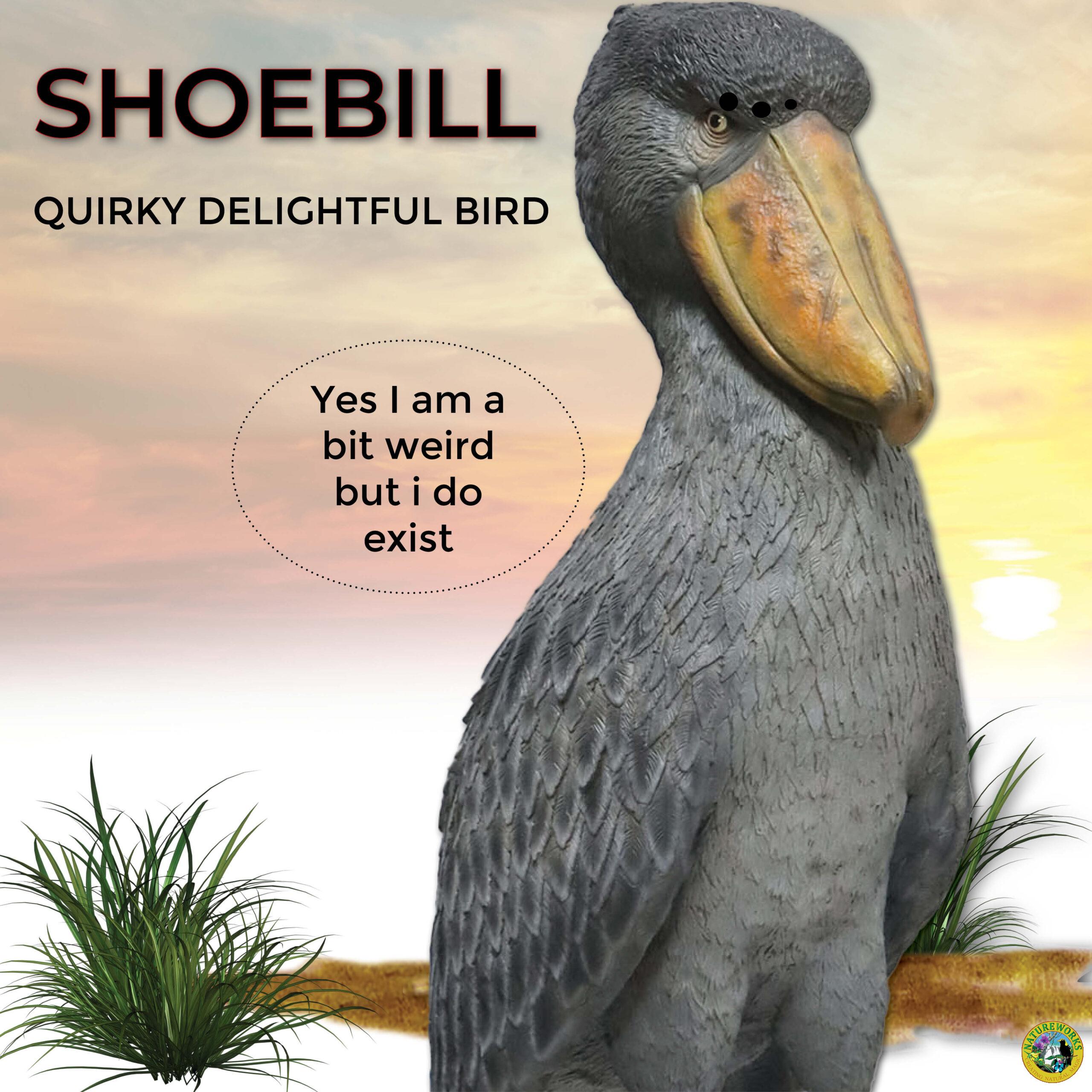 Natureworks Australia Shoebill - Stork like bird-standing pose-on a base plate-sculpture for sale - close up of detail- SKU 230099