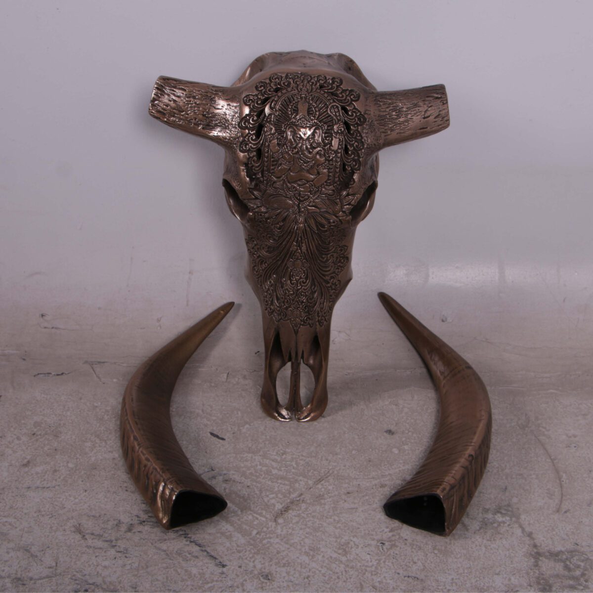 Natureworks Australia Bull Skull Ganesh -Wall Decor - 150053BZ Bronze finish - L 79cm x W30cm x H 70cm - 4kg - showing removable horns for easy installation and delivery