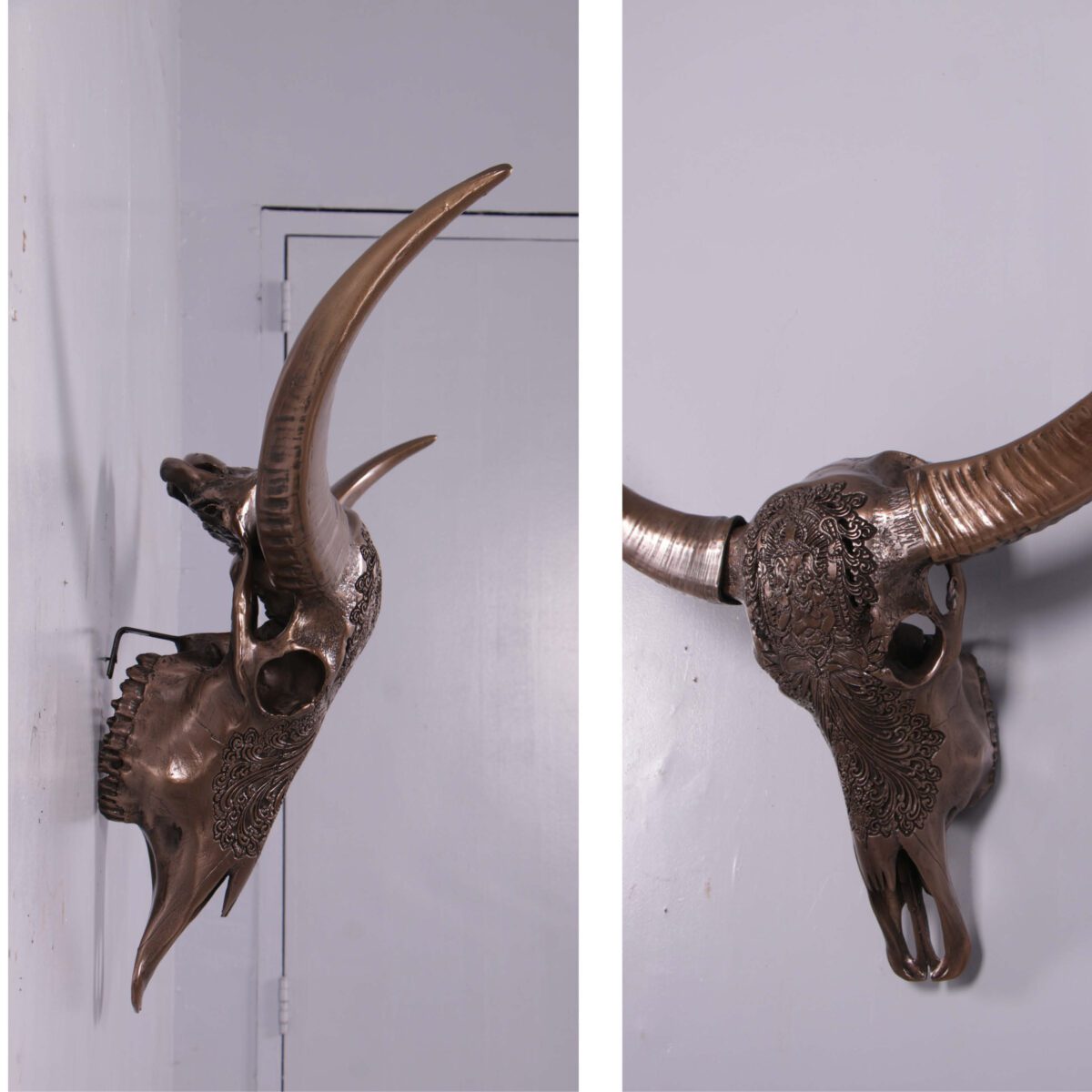 Natureworks Australia Bull Skull Ganesh -Wall Decor - 150053BZ Bronze finish - L 79cm x W30cm x H 70cm - 4kg - showing side view- hanging on wall