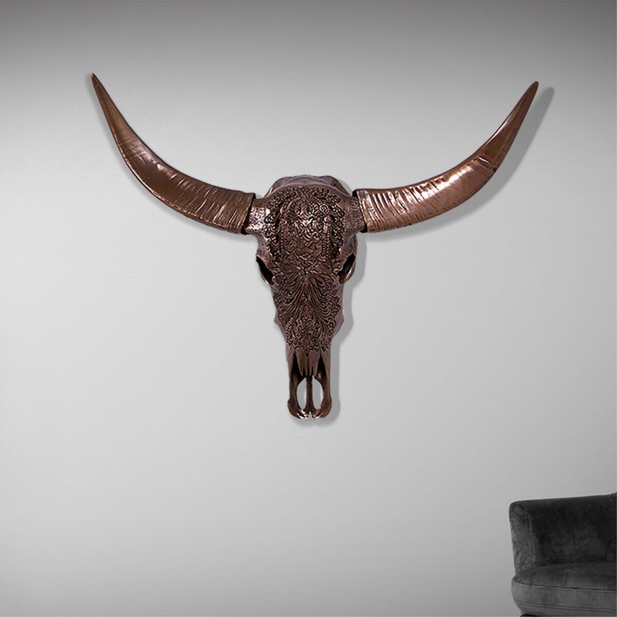 Natureworks Australia Bull Skull Ganesh -Wall Decor - 150053BZ Bronze finish - L 79cm x W30cm x H 70cm - 4kg - shown hanging on wall - front view