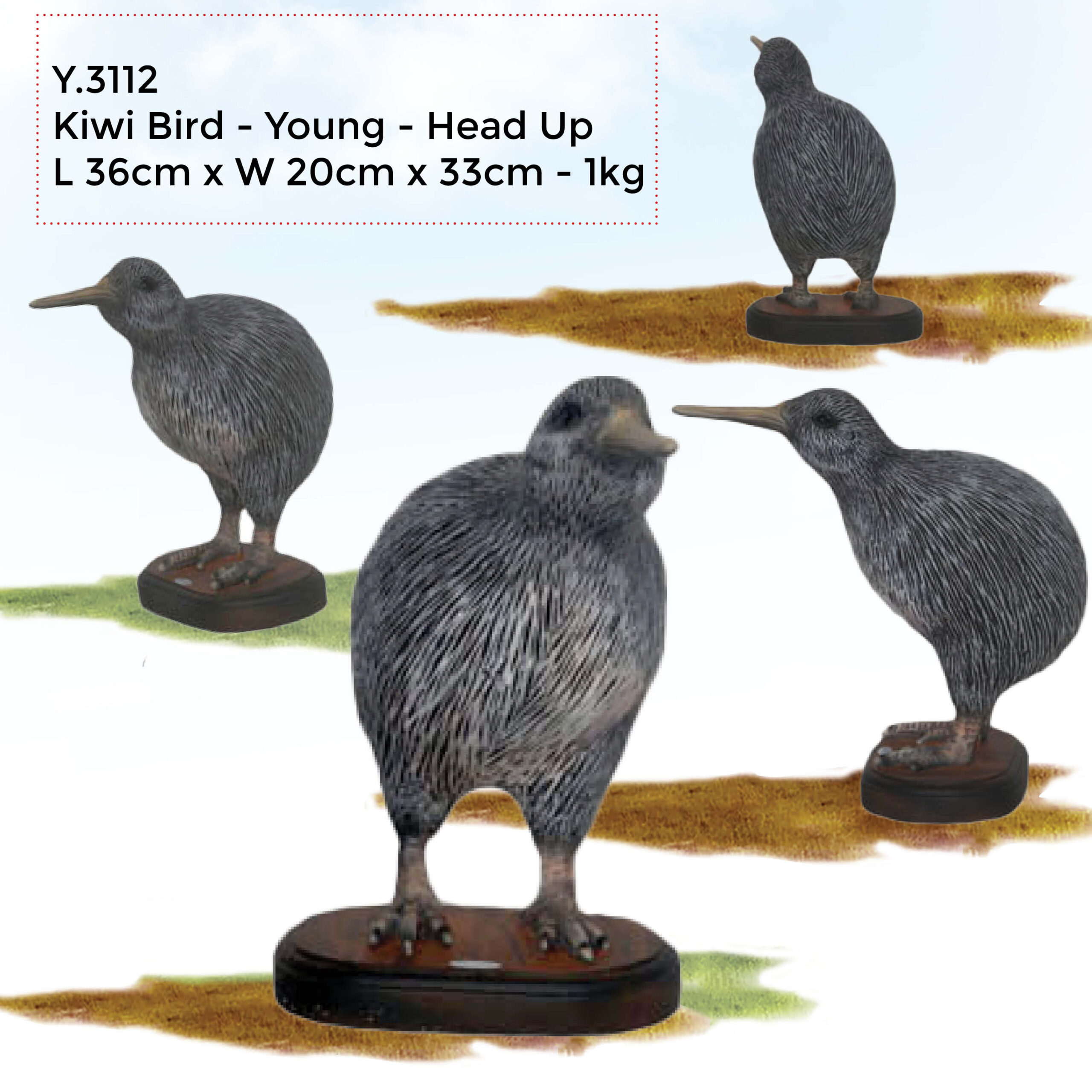 Natureworks Australia Kiwi Bird Statue - life-size replica - Y.3112 - showing various angle views of sculpture