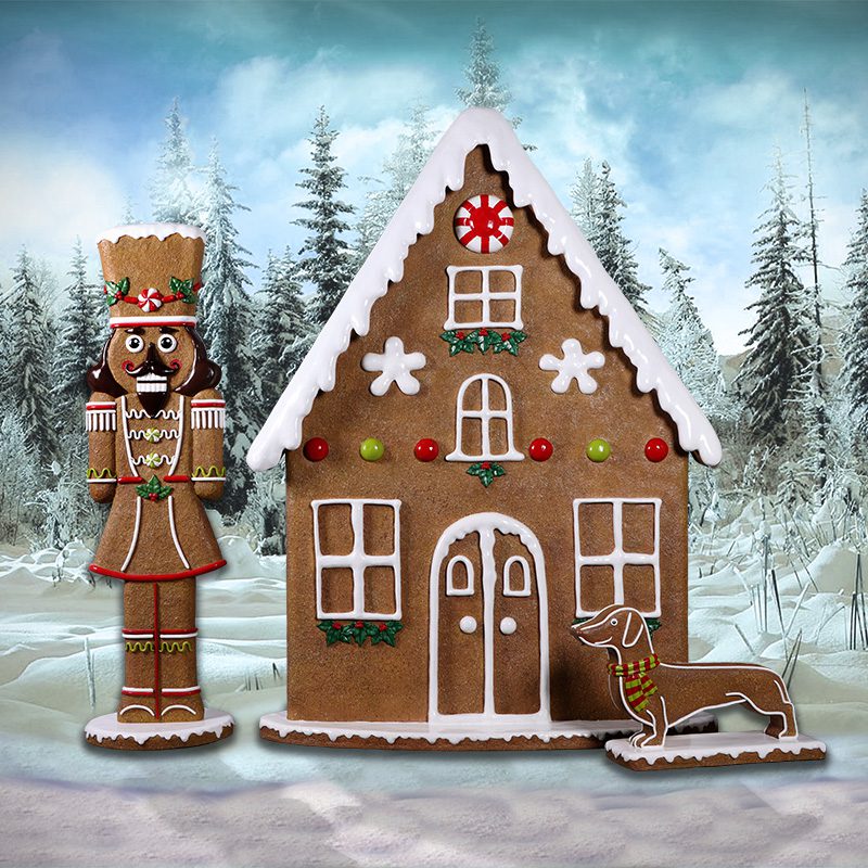 Natureworks Australia Gingerbread House Front Panel - 230085 - front view in christmas snow background with Nutcracker and dog cookie.