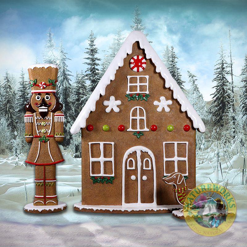 Natureworks Australia Gingerbread House Front Panel - 230085 - front view in christmas snow background with Nutcracker and dog cookie.