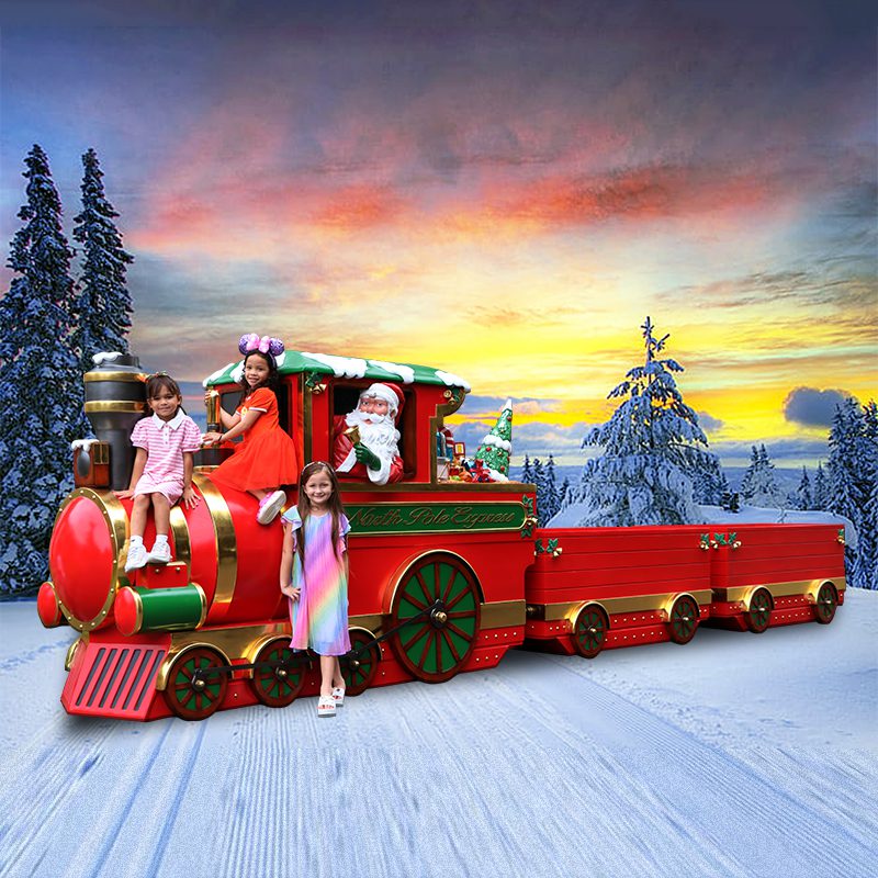 Natureworks Australia Christmas Train - "North Pole Express - 230090 - Shown outside with Santa and Children - winterwonderland backdrop - V2