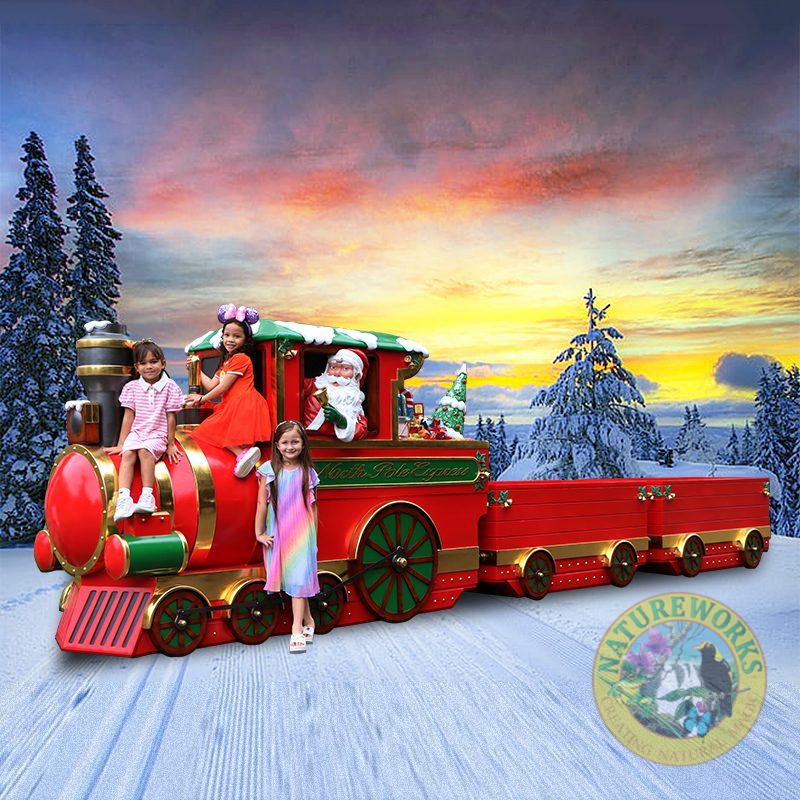 Natureworks Australia Christmas Train - "North Pole Express - 230090 - Shown outside with Santa and Children - winterwonderland backdrop - V2