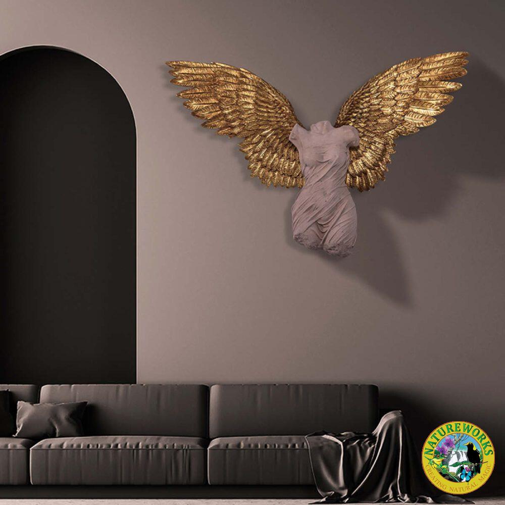 Azaz Angel - Large wall decor with gold leaf wings and roman stone finish on the body. ideal for interior designers and high class restaurants and bars - 210090RS&GL - shown in lounge room setting