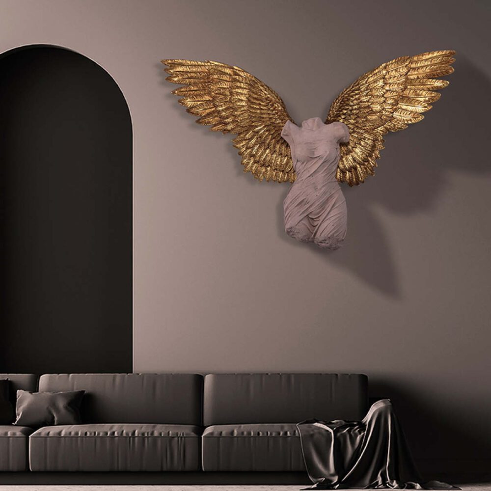 Natureworks Australia Azaz Angel - Large wall decor with gold leaf wings and roman stone finish on the body. ideal for interior designers and high class restaurants and bars - 210090RS&GL - shown in lounge room setting