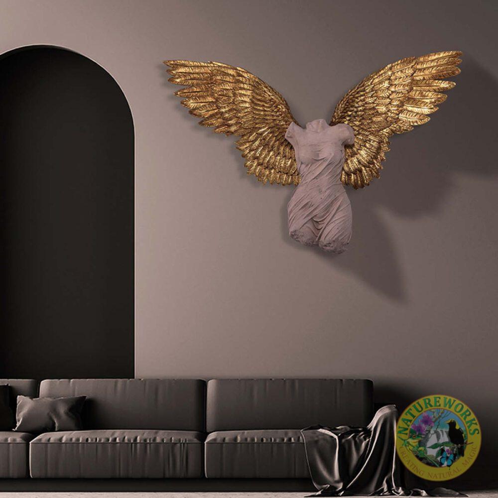 Natureworks Australia Azaz Angel - Large wall decor with gold leaf wings and roman stone finish on the body. ideal for interior designers and high class restaurants and bars - 210090RS&GL - shown in lounge room setting
