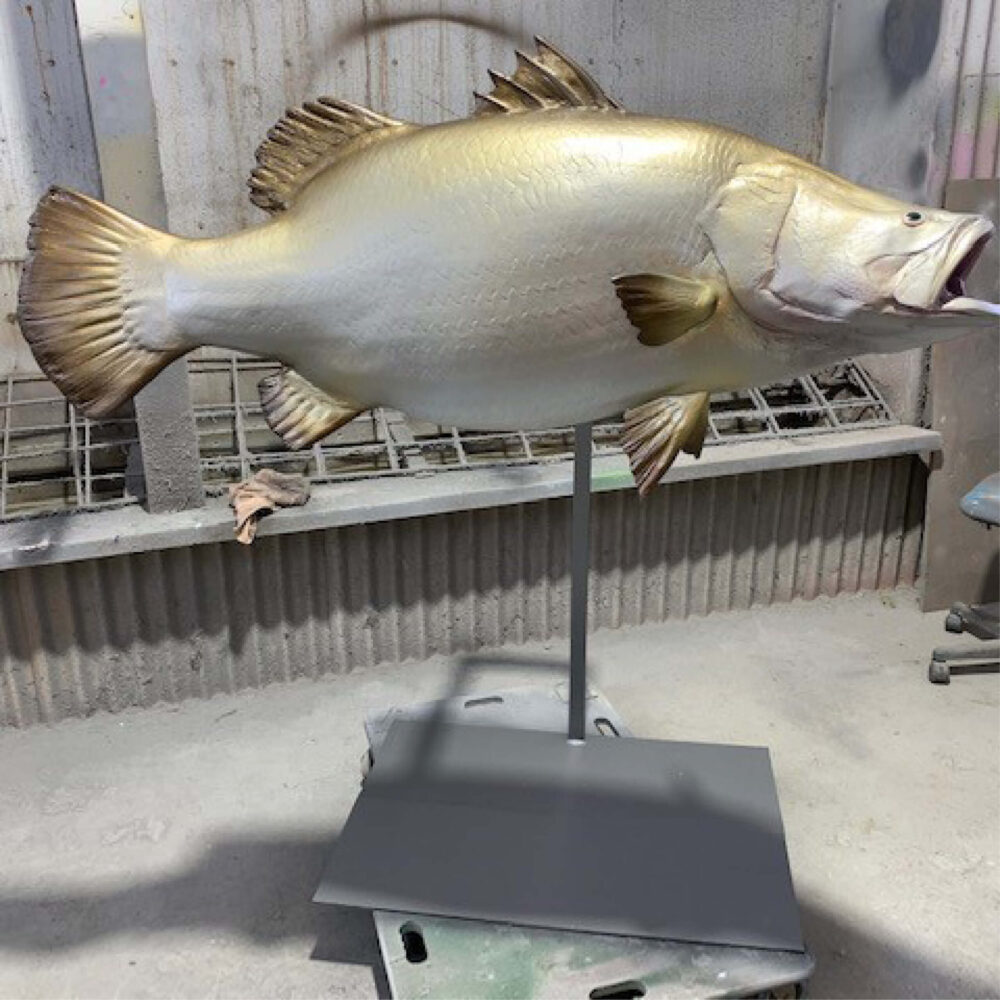 Barramundi fish - 1.3m long sculpture - in production at Natureworks Studio showing stand and side view